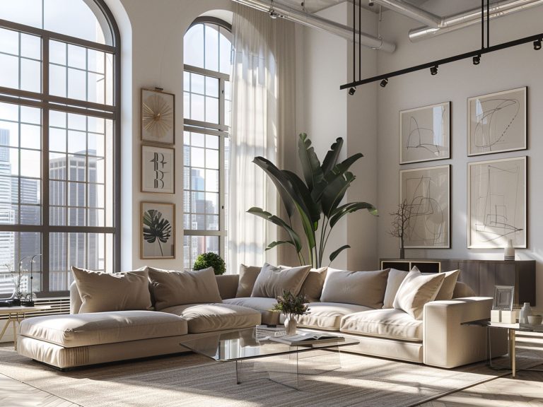 Nowoczesny salon z jasną sofą, wysokimi oknami i minimalistyczną aranżacją