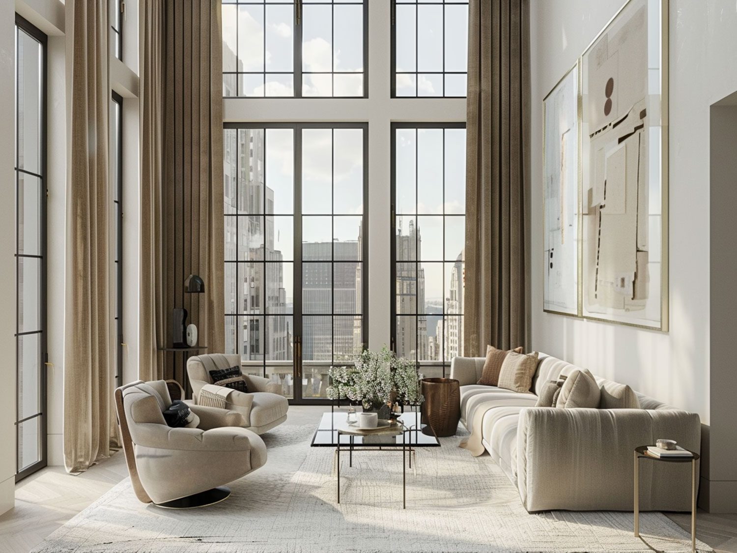 Nowoczesny salon z dwoma kremowymi sofami, dużymi oknami i jasną aranżacją