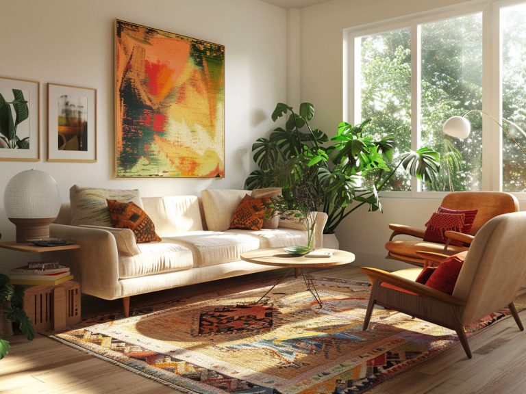 Boho salon z jasną sofą, kolorowym dywanem i roślinnymi dekoracjami