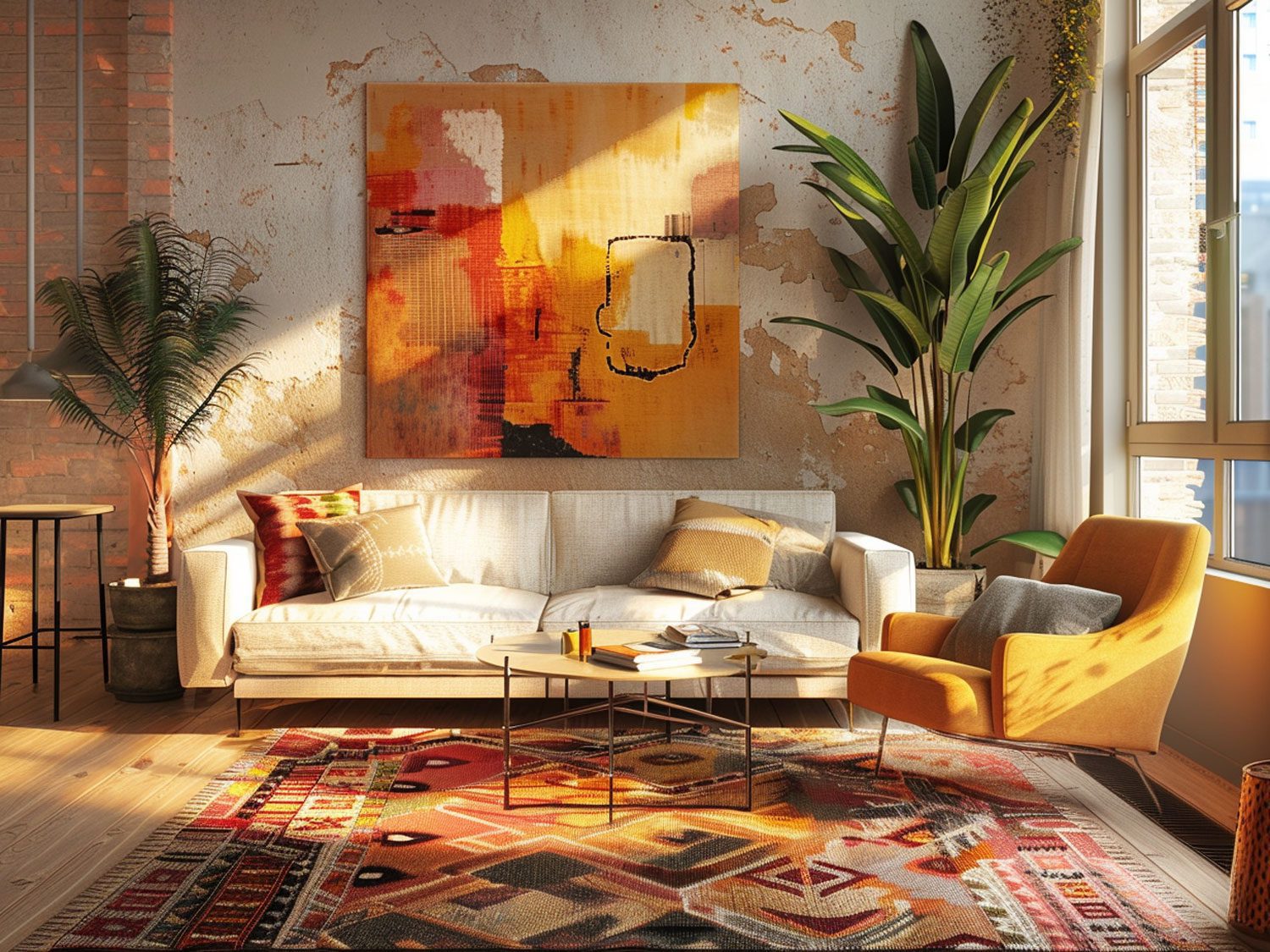 Boho salon z abstrakcyjnym obrazem, jasną sofą i roślinnymi akcentami