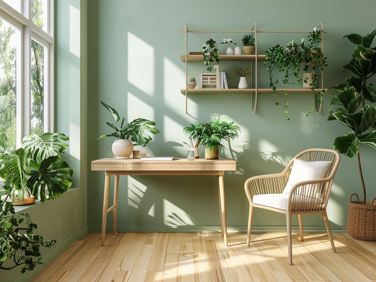 Skandynawskie pokój z jasnym biurkiem, roślinami i minimalistyczną aranżacją