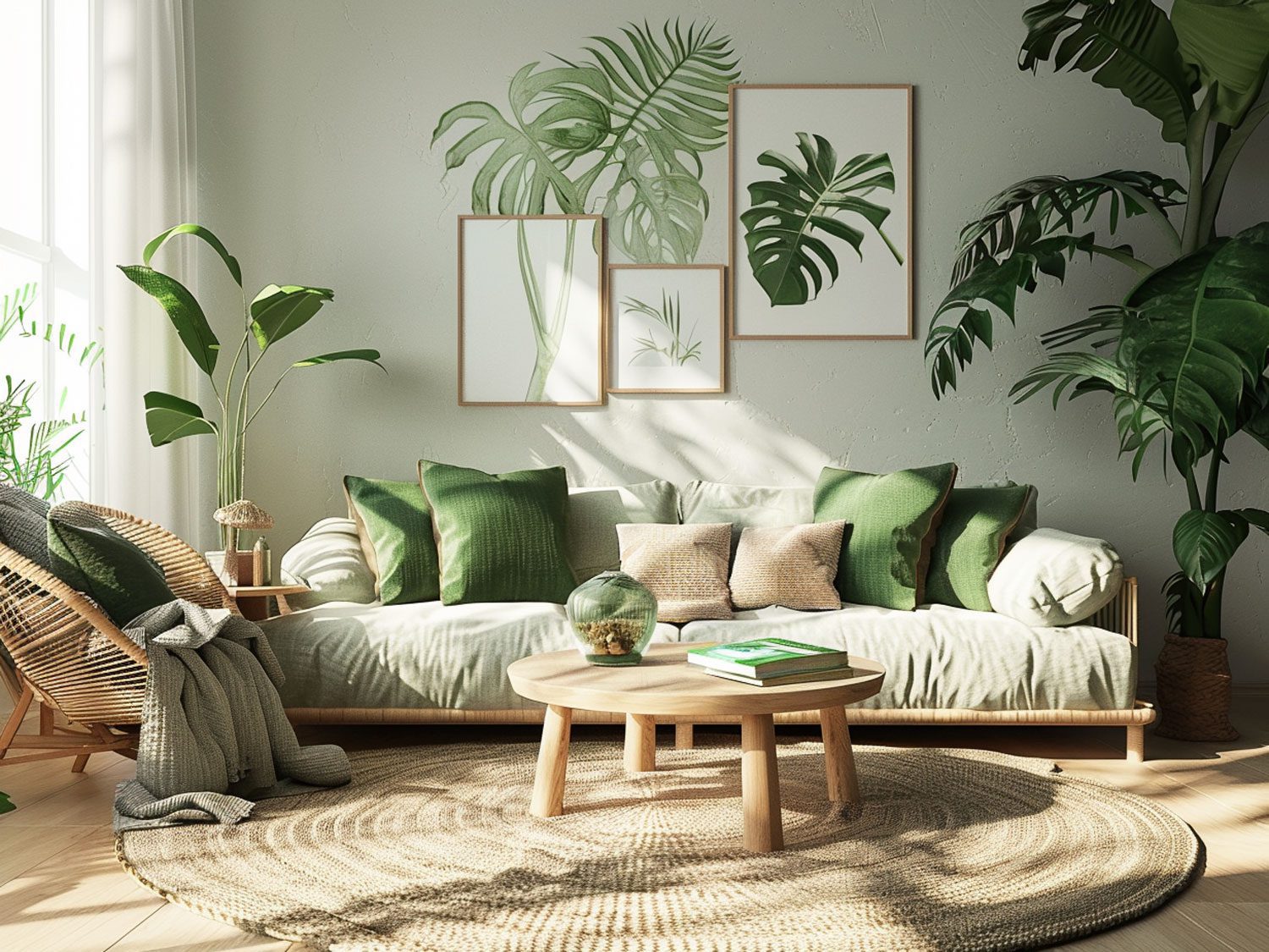 Boho salon z białą sofą, drewnianym stolikiem i zielonymi dekoracjami