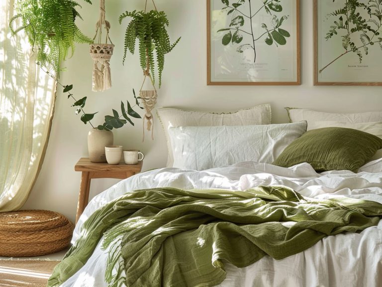 Boho sypialnia z jasnym łóżkiem, zieloną pościelą i roślinnymi dekoracjami