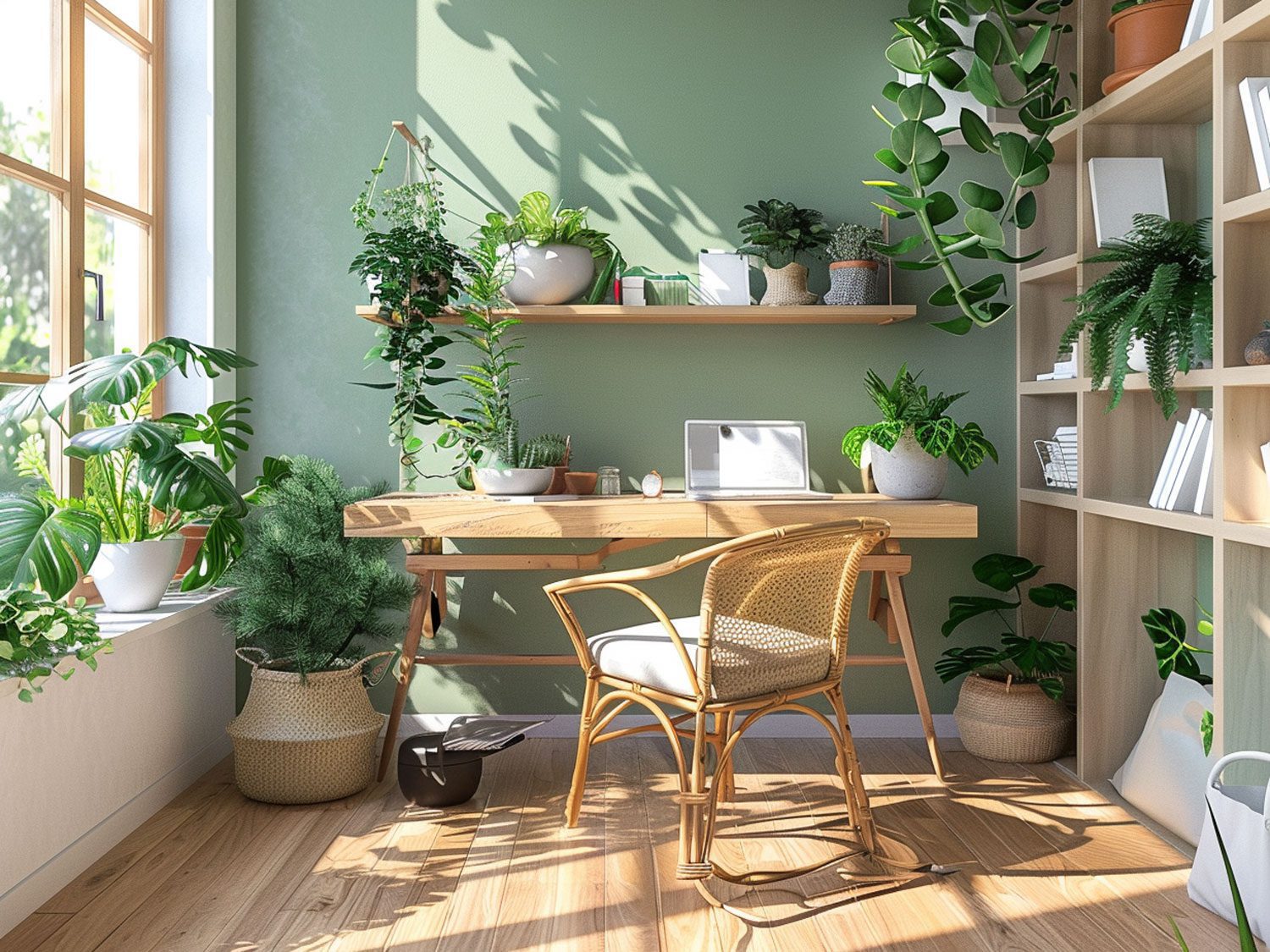Skandynawskie biuro z jasnym biurkiem, roślinami i naturalnym światłem