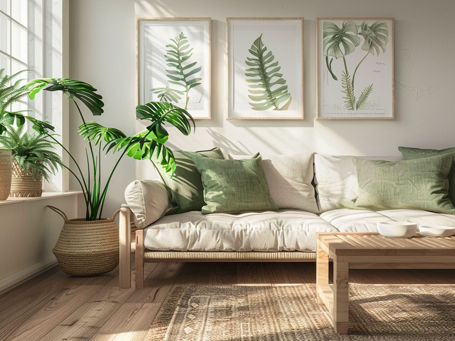 Boho salon z jasną sofą, roślinnymi obrazami i drewnianym stolikiem