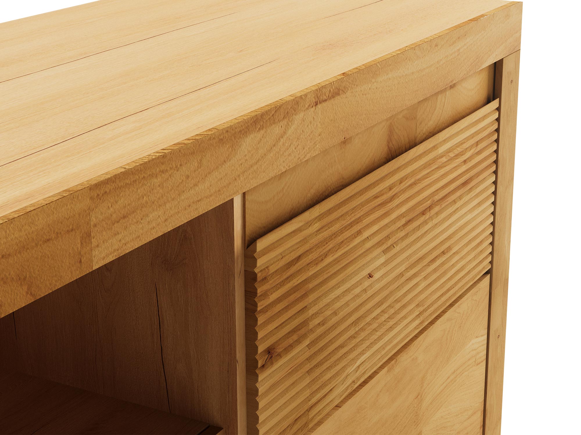 Zbliżenie na drewniany front szuflady z pionowymi frezami