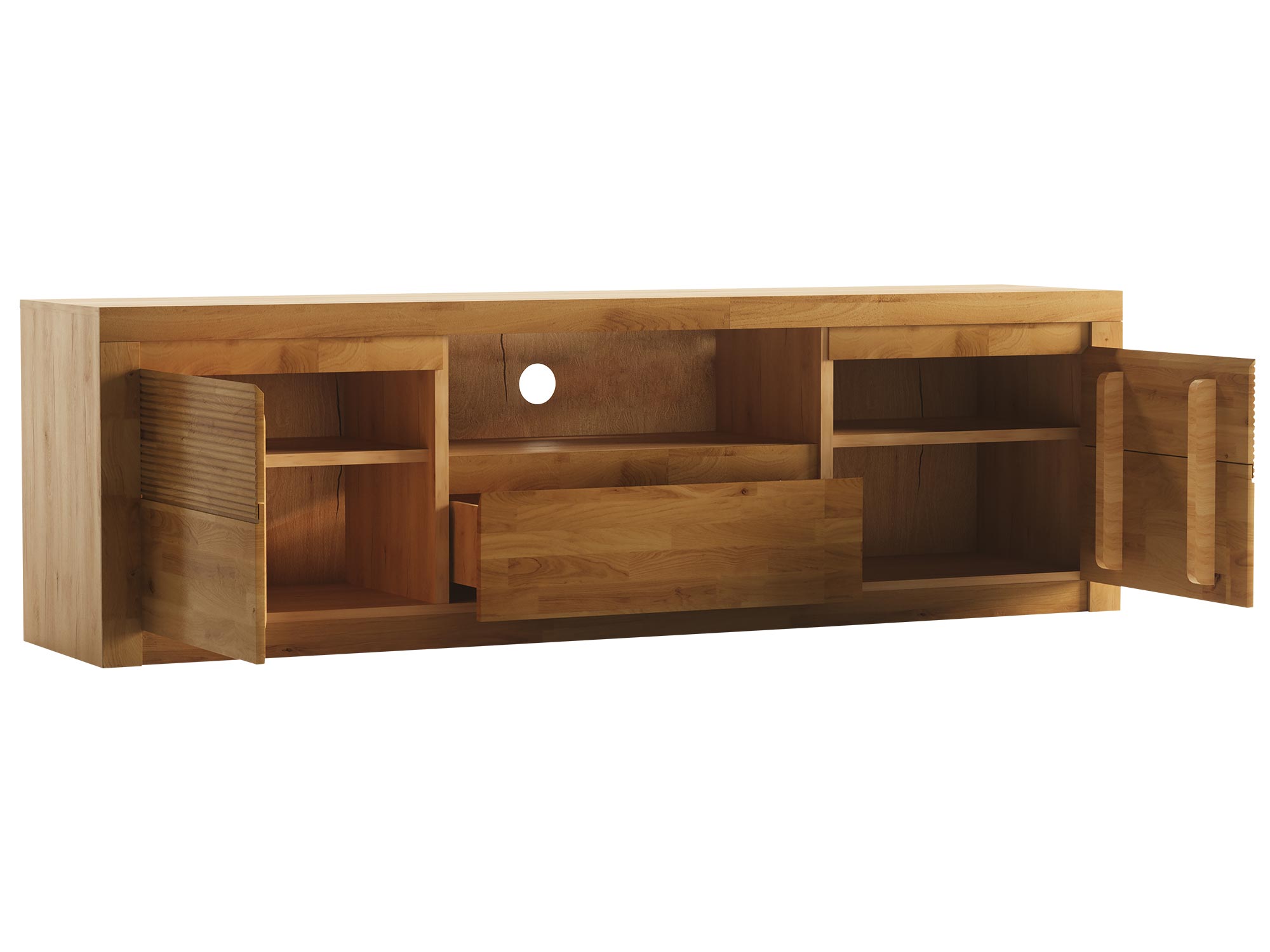 Komoda RTV narożna z dwiema otwartymi półkami i szufladami