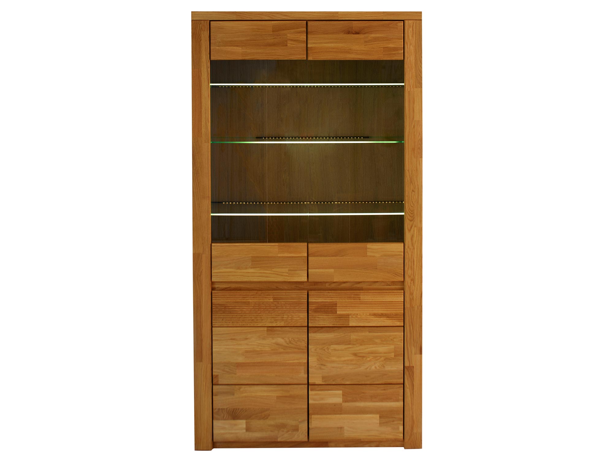 Wnętrze witryny z podświetleniem i dębowymi półkami