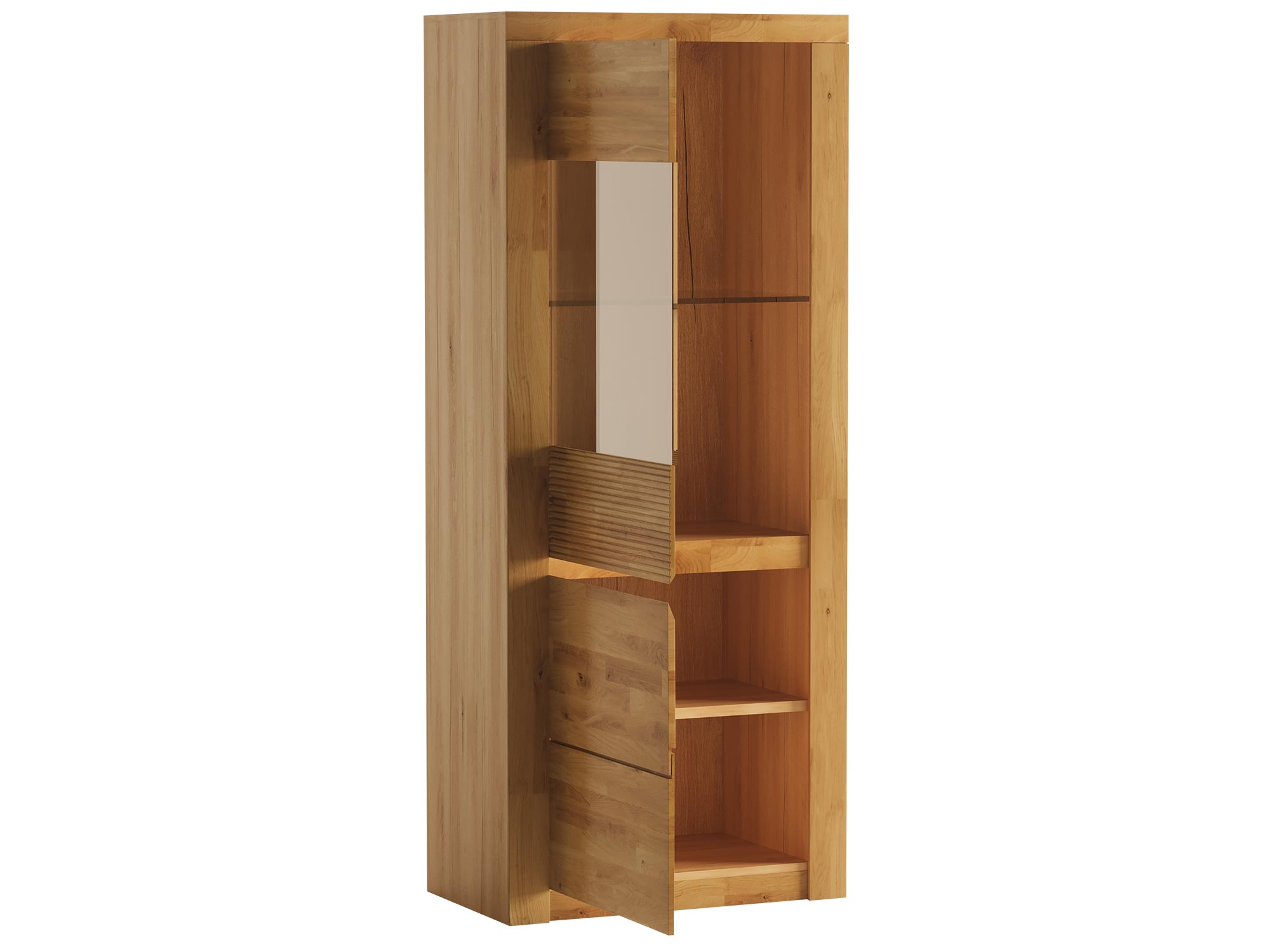 Narożna witryna z przeszklonym frontem i półkami