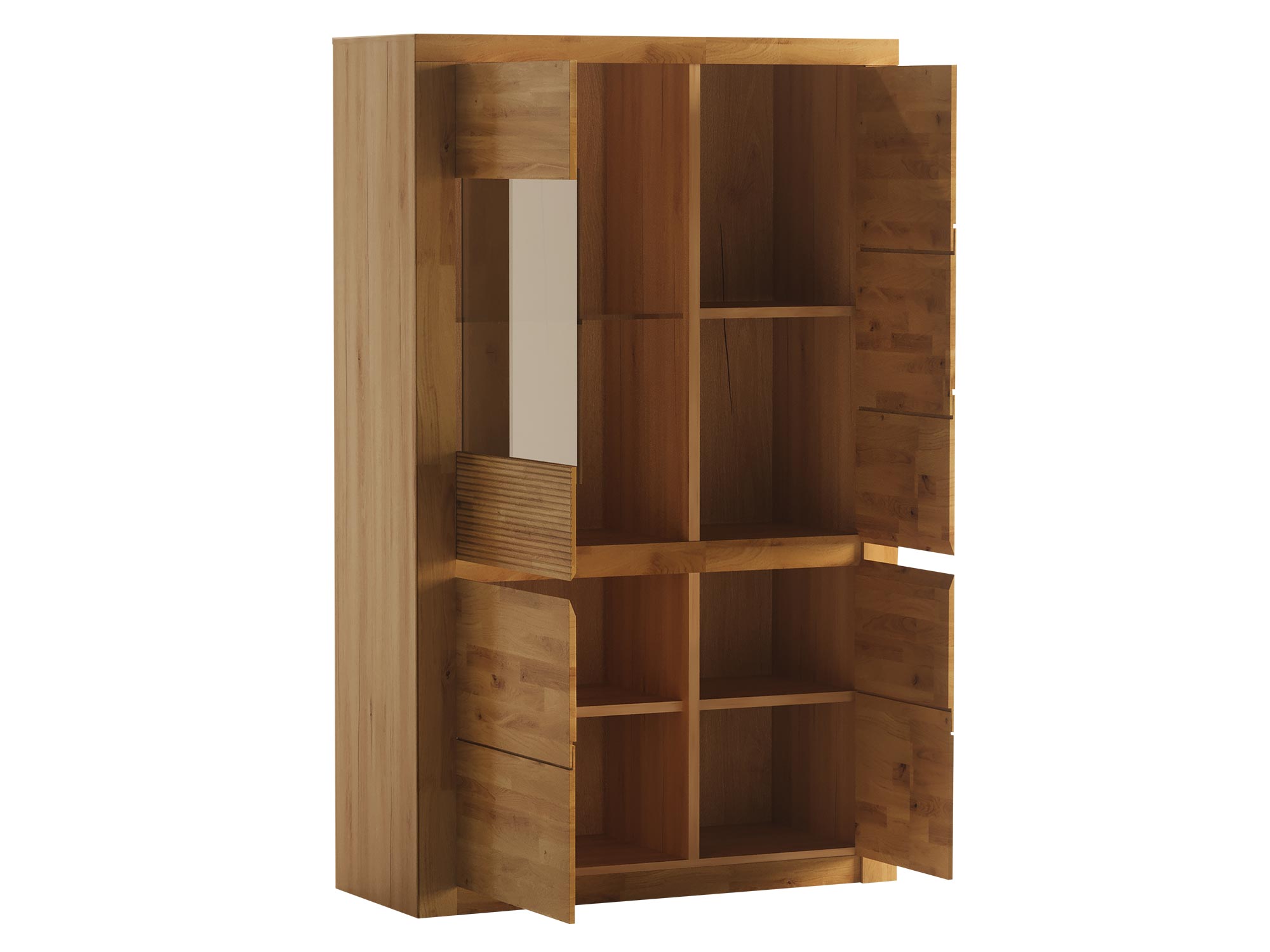 Narożna szafa z przeszklonym frontem i półkami po bokach