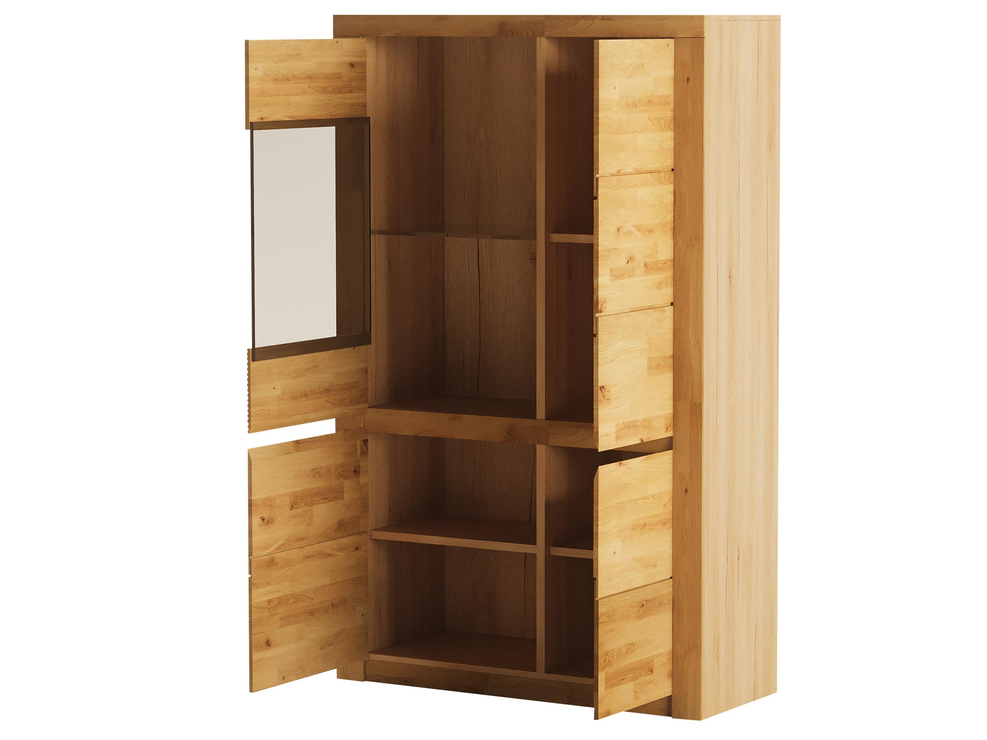 Narożna szafa z półkami i lustrem otwierana pod kątem