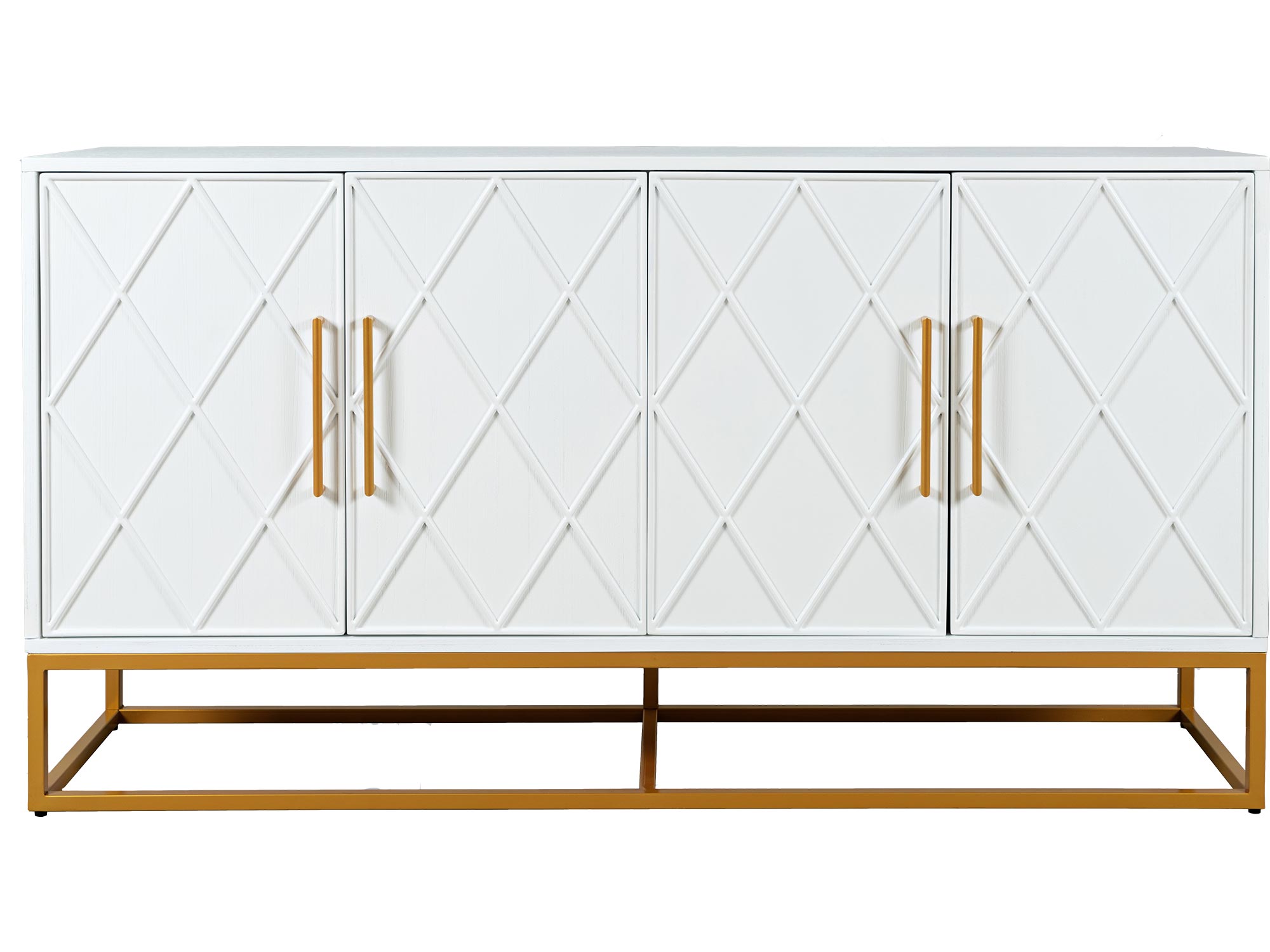 Biała komoda z dekoracyjnymi frontami i złotymi uchwytami