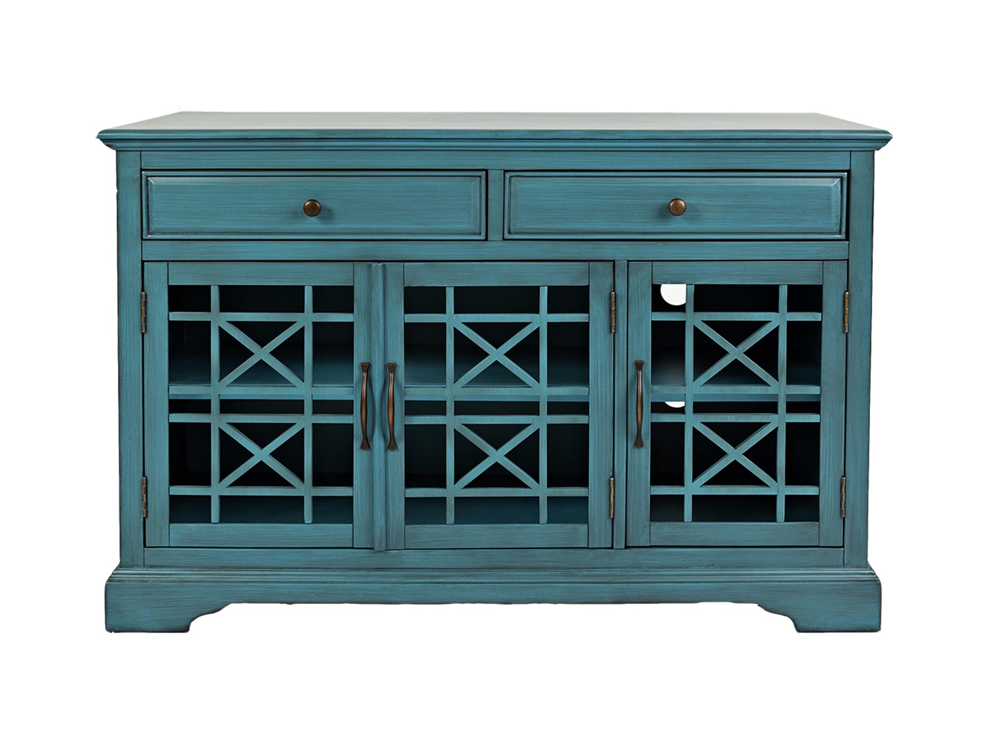 Drewniana komoda z dwoma szufladami i przeszklonymi drzwiami styl vintage kolor turkusowy