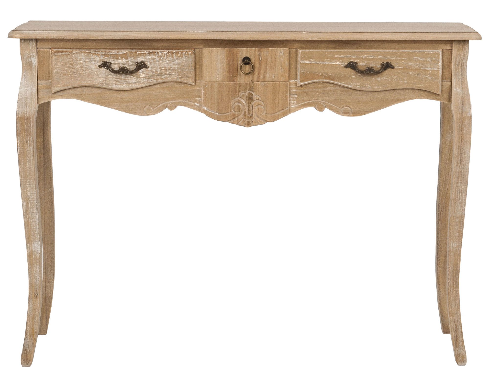 Stylowa toaletka z trzema szufladami z bielonego drewna paulowni