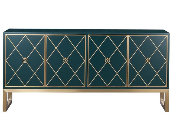 Luxusní zelená komoda z geometrycznym čelem a zlatou základnou