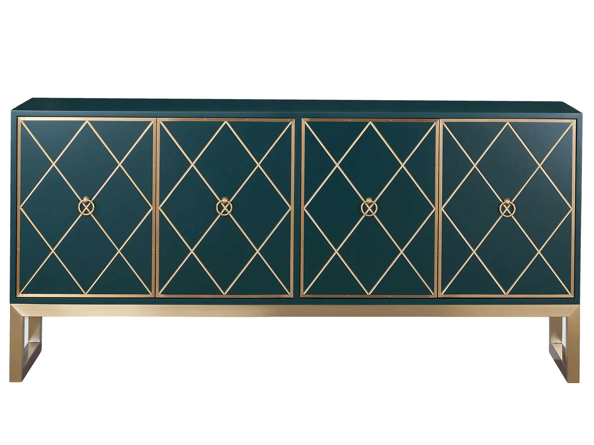 Luksusowa zielona komoda z geometrycznym frontem i złotą podstawą