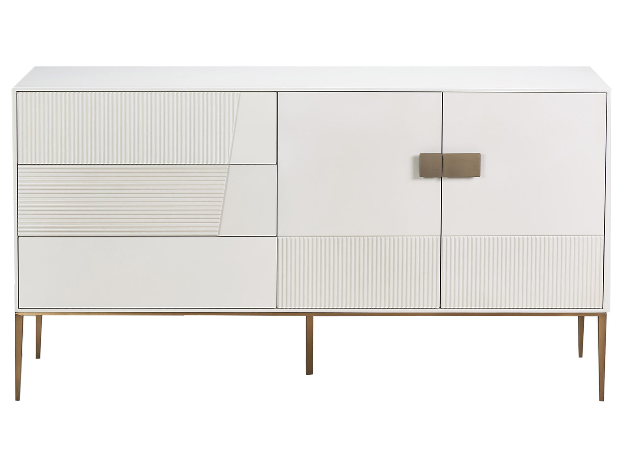 Komoda w kolorze złamanej bieli ze złotymi nóżkami i gładkimi frontami