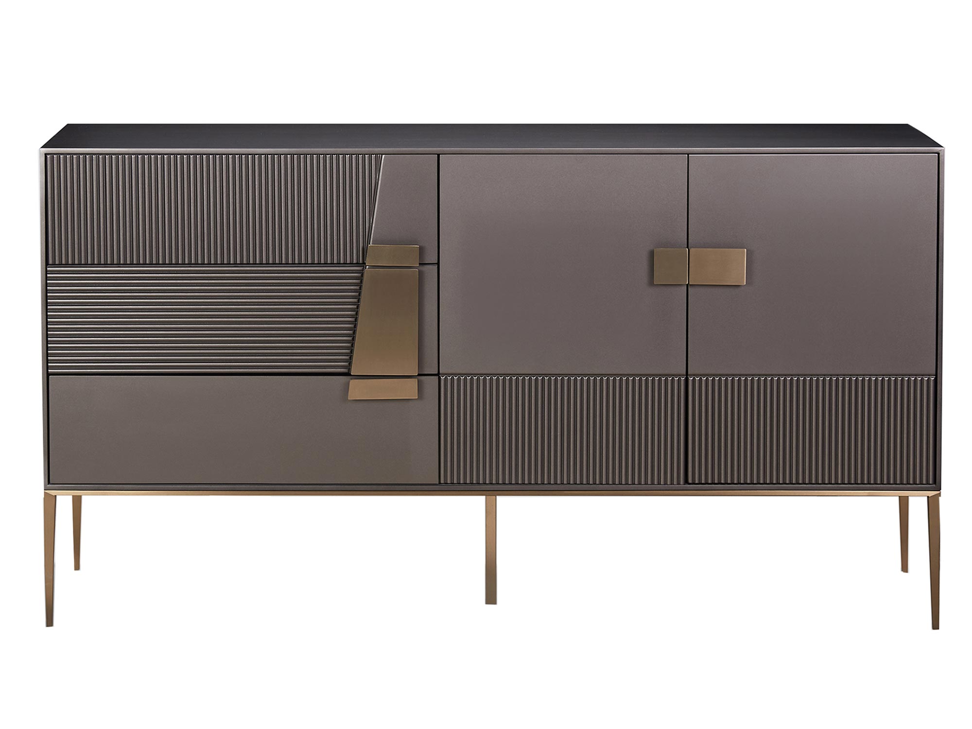 Nowoczesna komoda w kolorze ciemnego grafitu ze złotymi akcentami i nóżkami