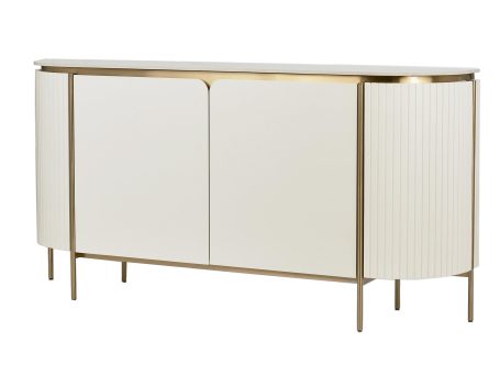 Elegancka biała komoda z prostym frontem i cienkimi złotymi nogami