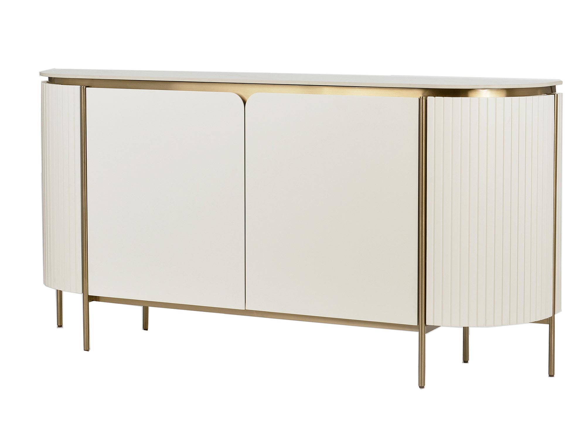 Elegancka biała komoda z prostym frontem i cienkimi złotymi nogami