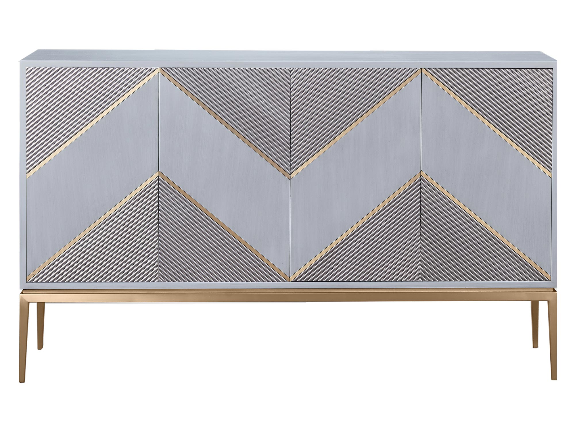 Komoda z szarymi ryflowanymi frontami i złotymi detalami