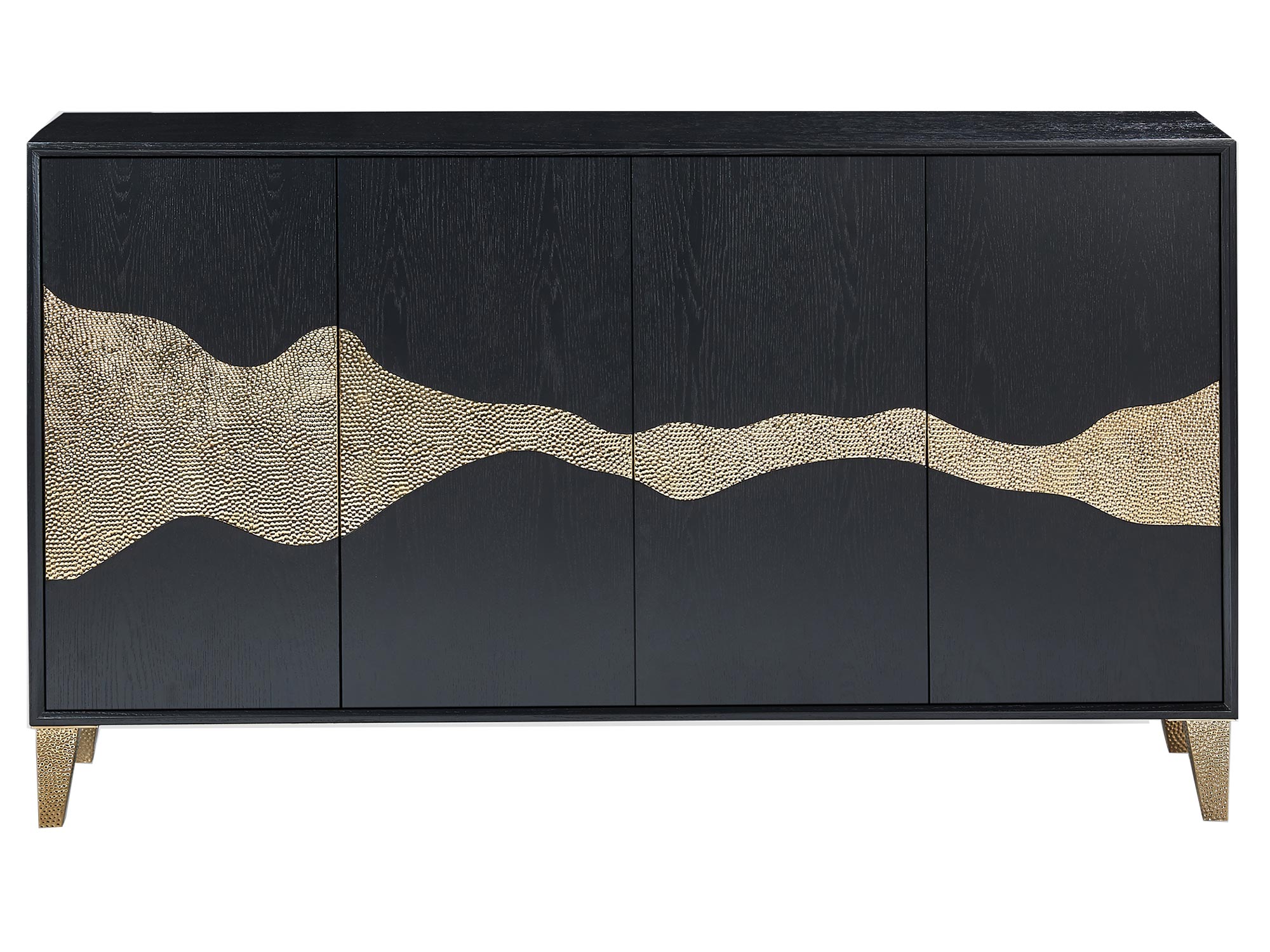 Oryginalna komoda w kolorze czarnym ze złotymi akcentami i nóżkami w kolorze złotym