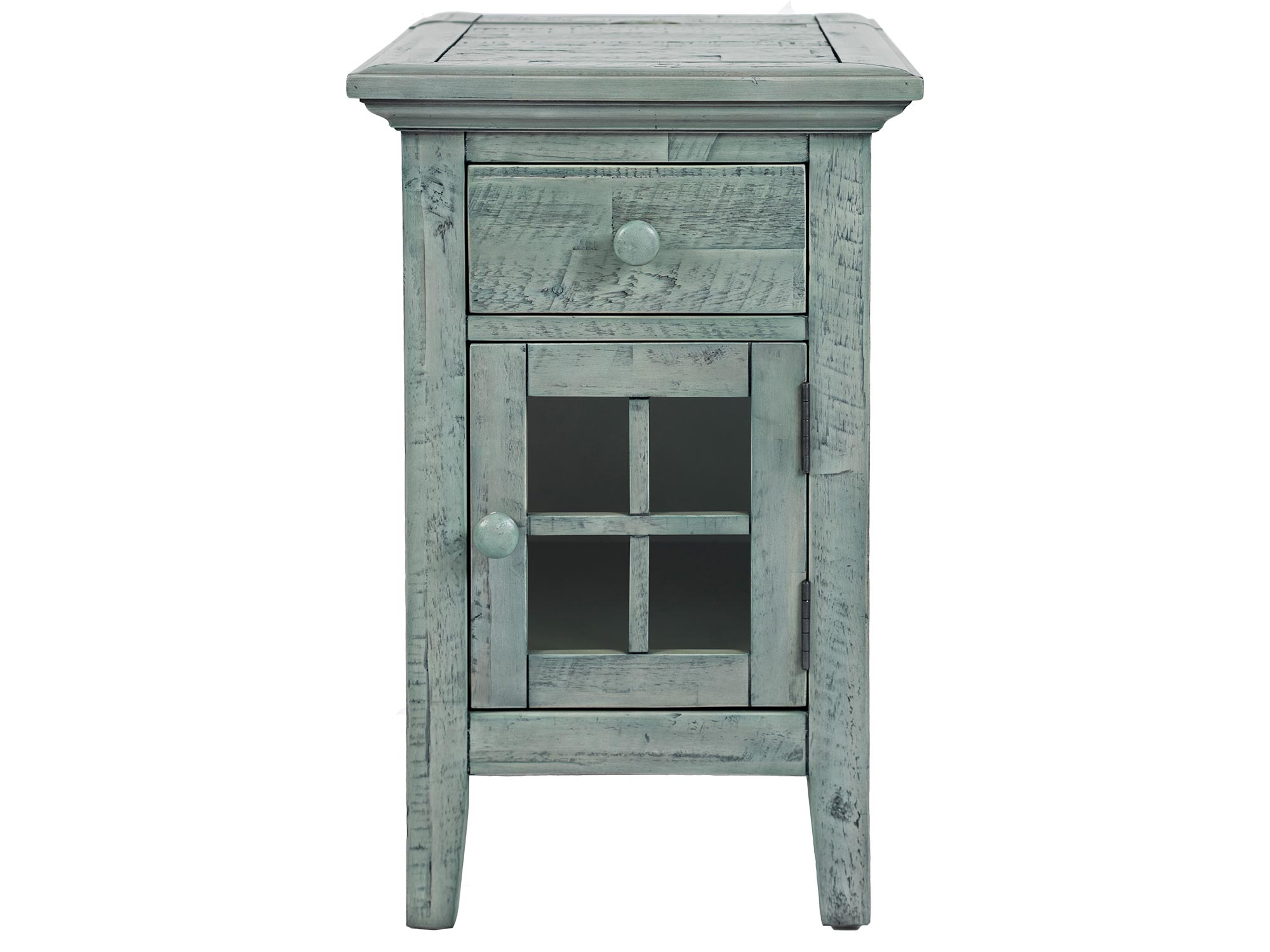 Zielona drewniana szafka nocna z przeszklonym frontem