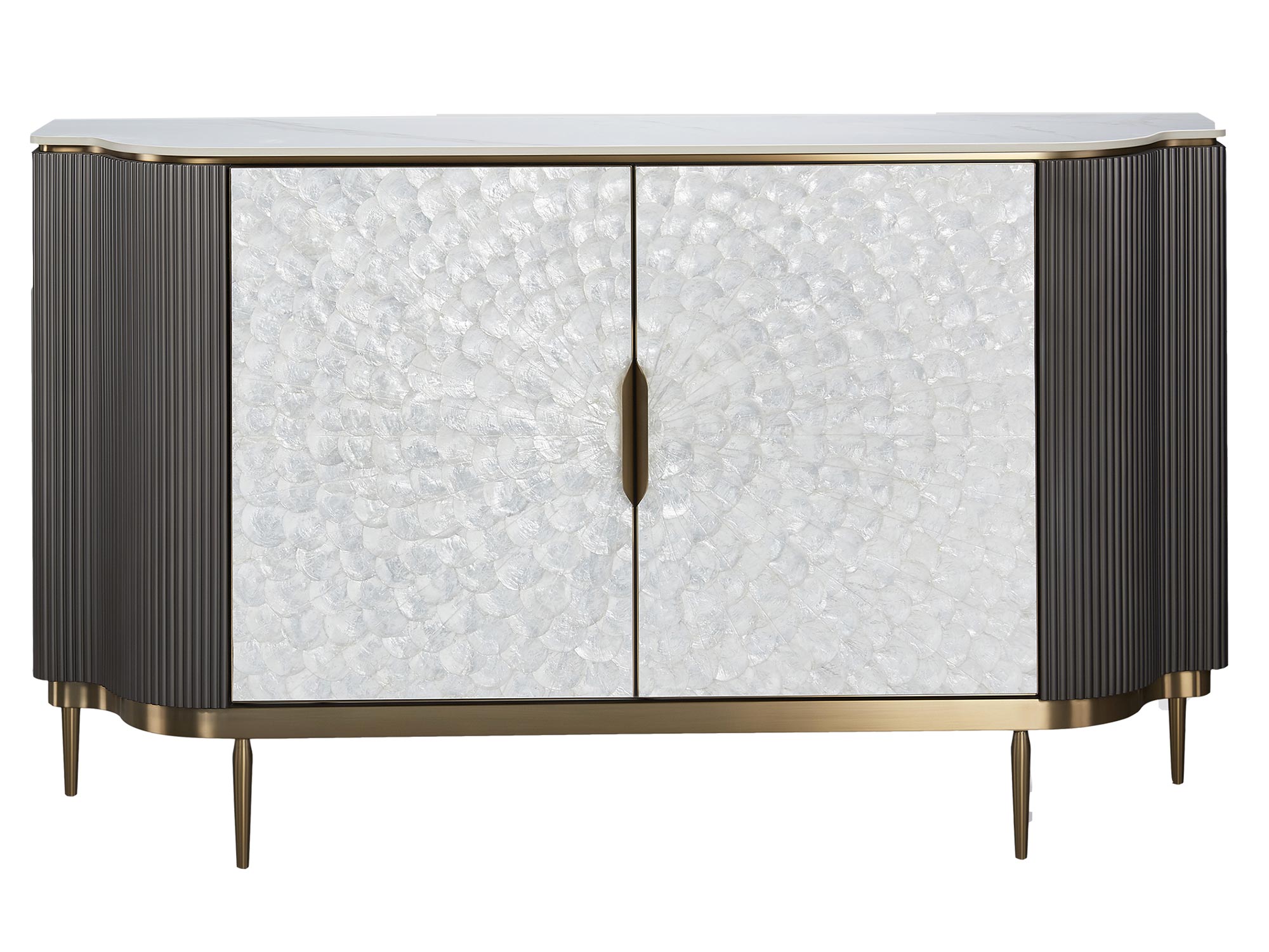 Nowoczesna komoda z metalowymi nóżkami w kolorze złota oraz oryginalnym frontem Nowoczesna komoda z metalowymi nóżkami w kolorze złota oraz oryginalnym frontem