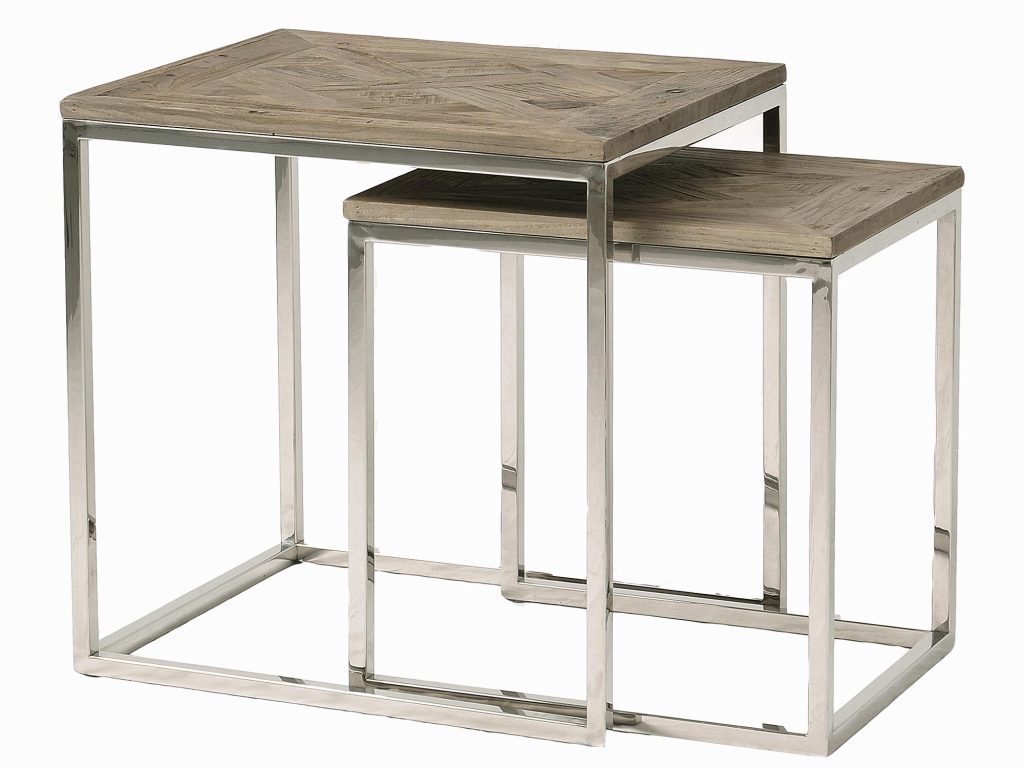 Zestaw stolików na stalowej ramie z drewnianym blatem i intarsją – Luxe