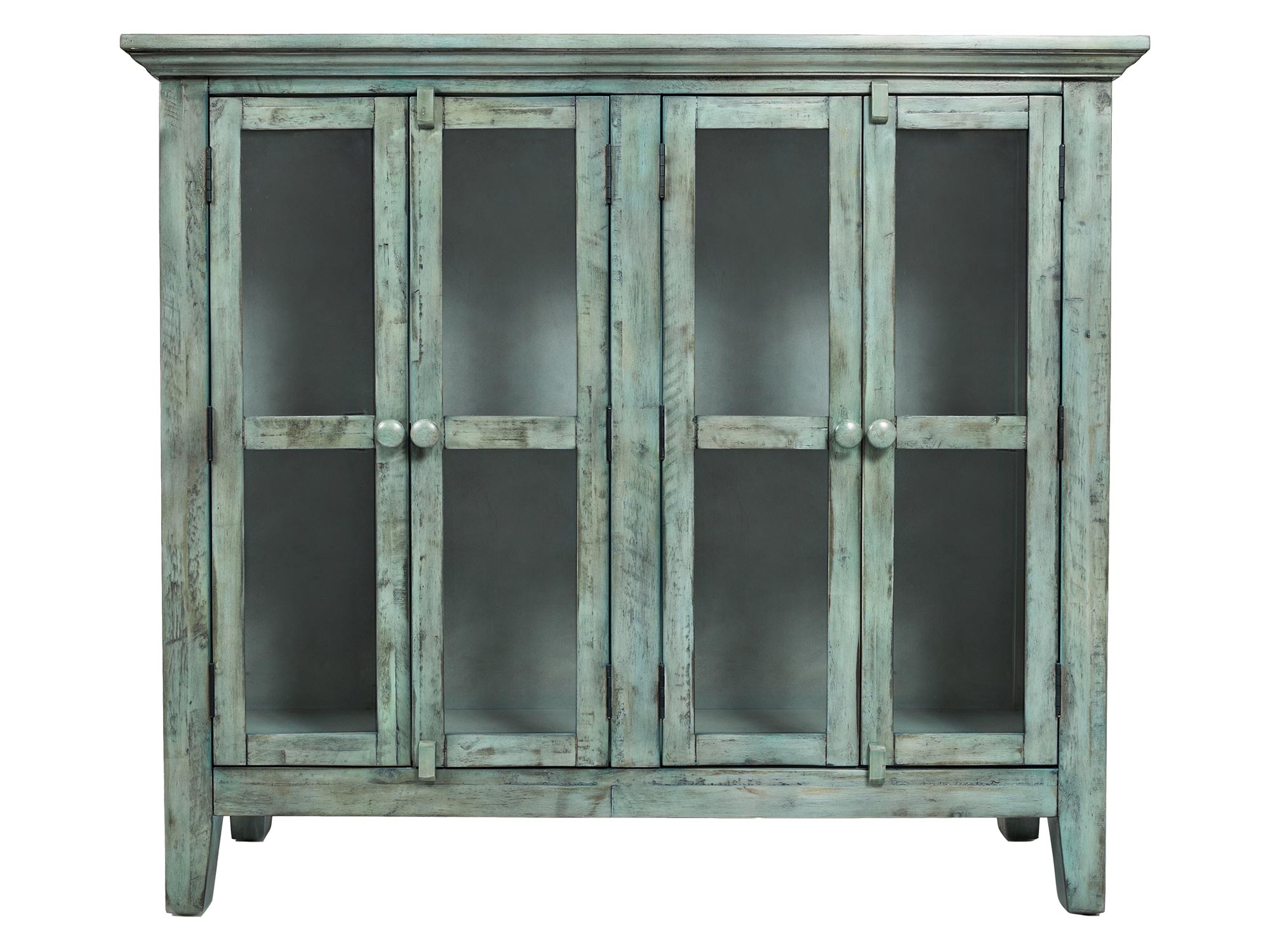 Zielona rustykalna komoda drewniana z przeszklonymi drzwiami, styl vintage