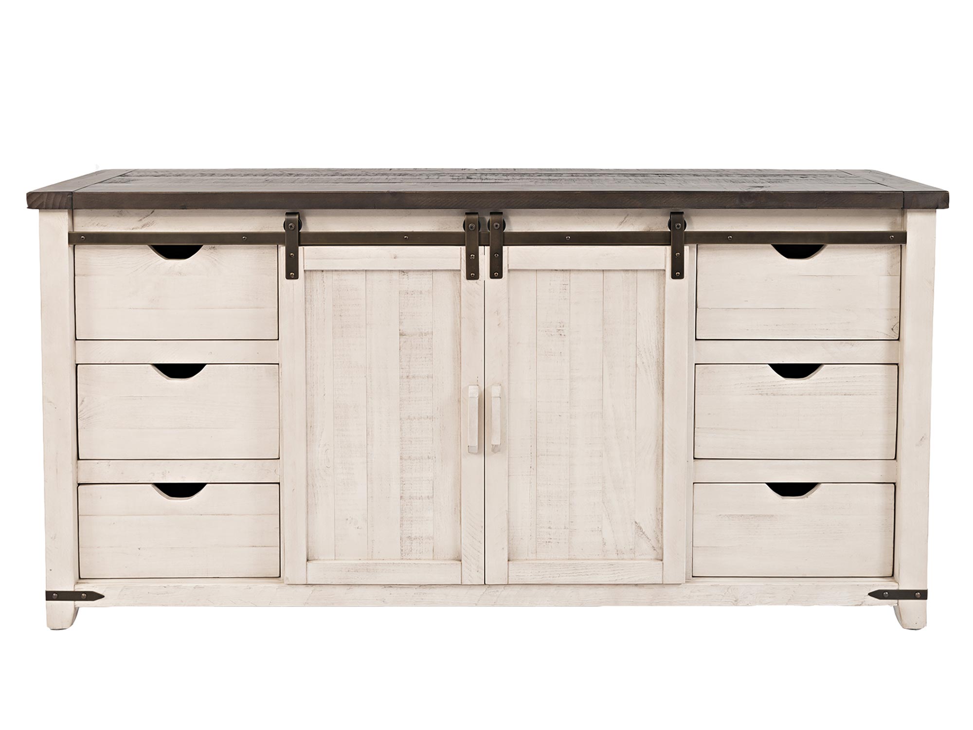 Biały kredens z przesuwanymi drzwiami w stylu farmhouse