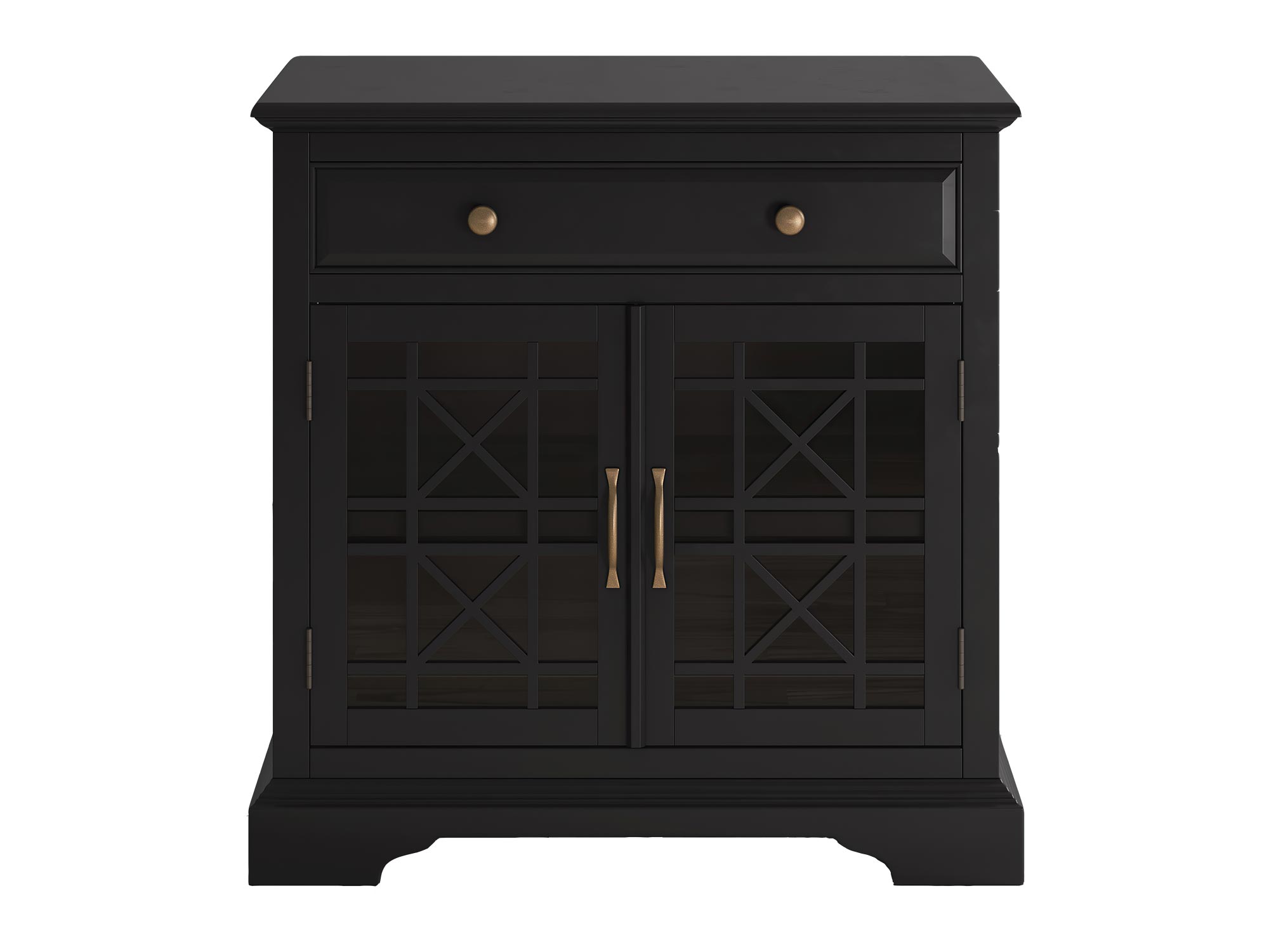 Czarna drewniana komoda z otwartą szufladą i przeszklonymi drzwiami w stylu klasycznym