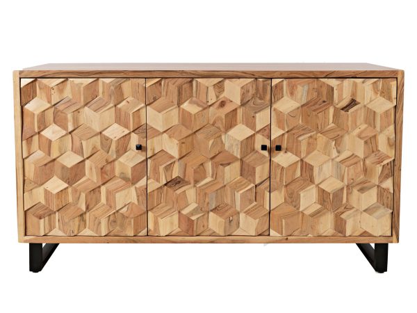 Dřevěná komoda s geometrickými čely v industriálním stylu, přírodní barva