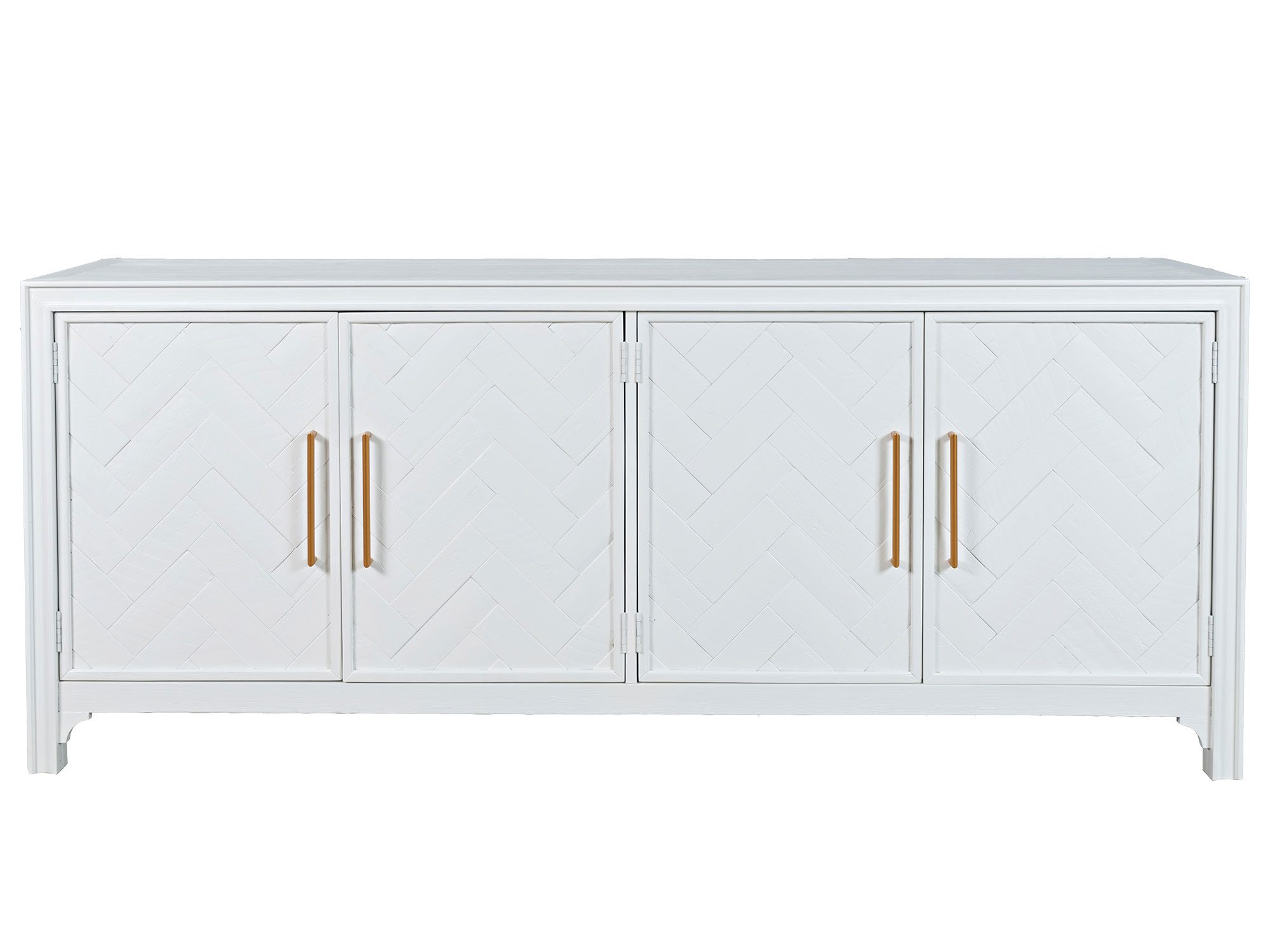 Nowoczesna komoda z białym frontem w jodełkę i złotymi uchwytami