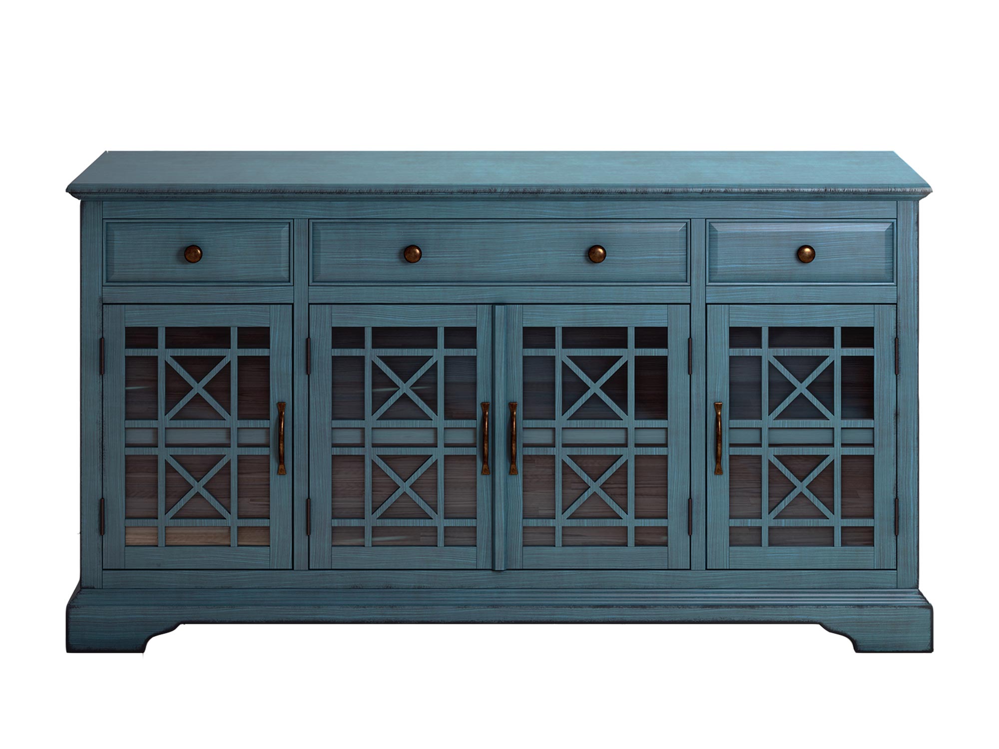 Drewniana komoda z trzema szufladami i przeszklonymi frontami w stylu vintage