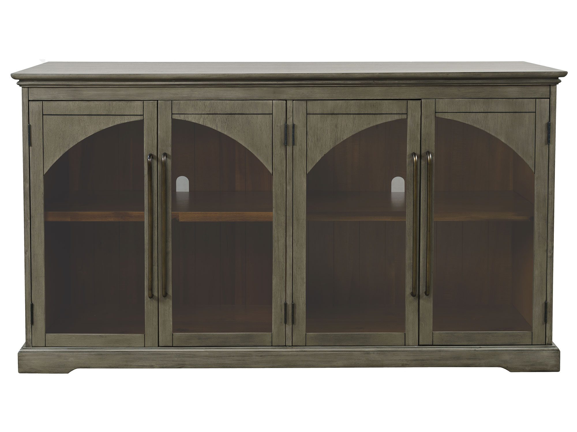 Witryna do salonu z czarnymi ramami i przeszklonymi frontami