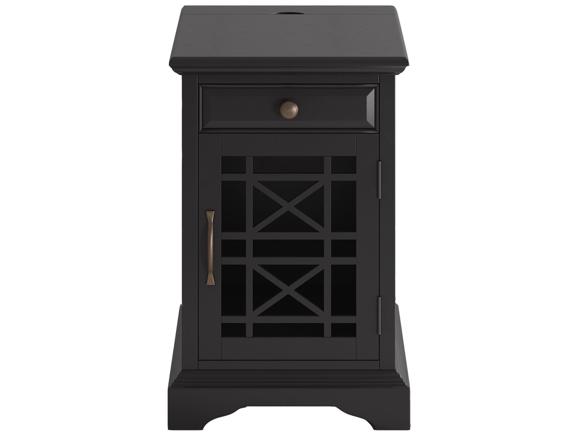 Klasyczna szafka nocna w czarnym wykończeniu z dekoracyjnymi drzwiczkami