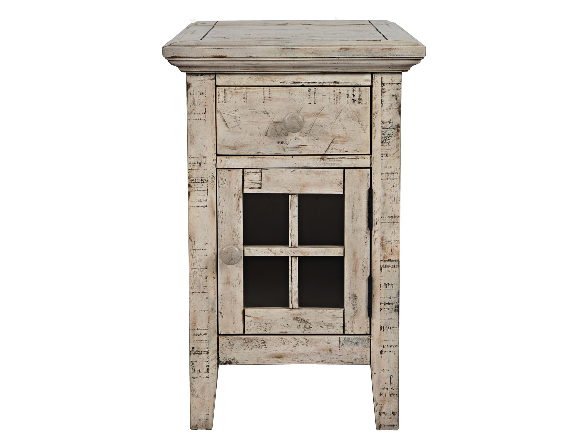 Jasna drewniana szafka nocna z przeszklonymi drzwiczkami w stylu vintage