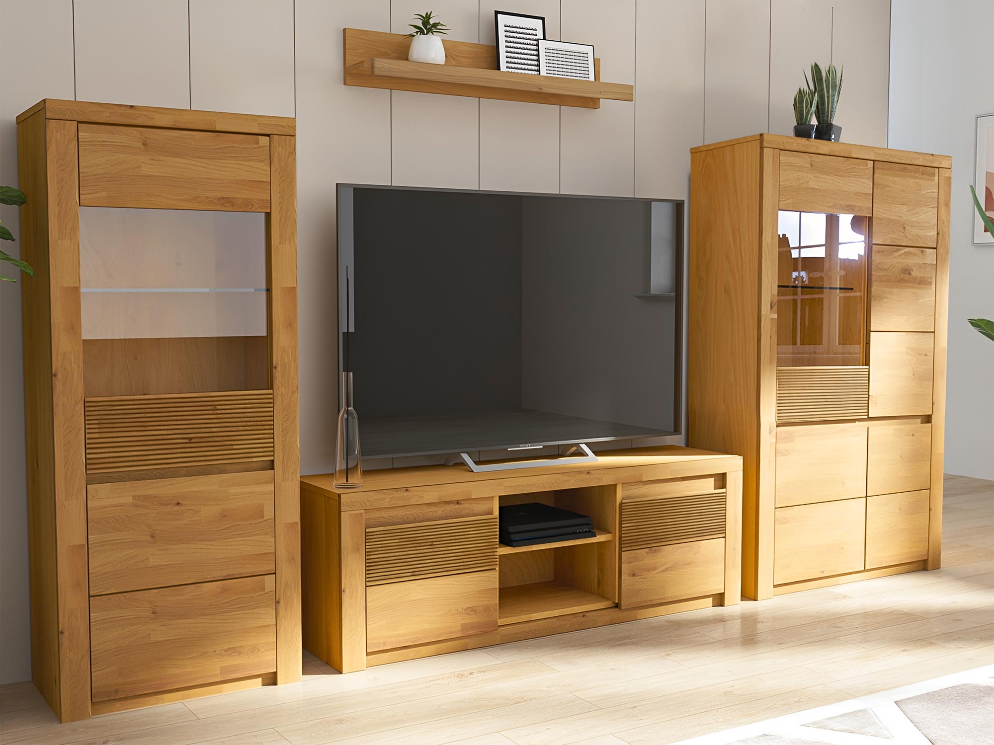 Zestaw mebli RTV z witryną i szafką boczną w salonie