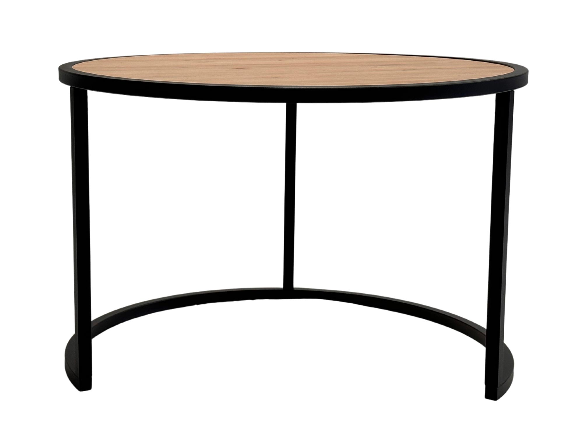 Stolik z cienką metalową ramą i okrągłym blatem