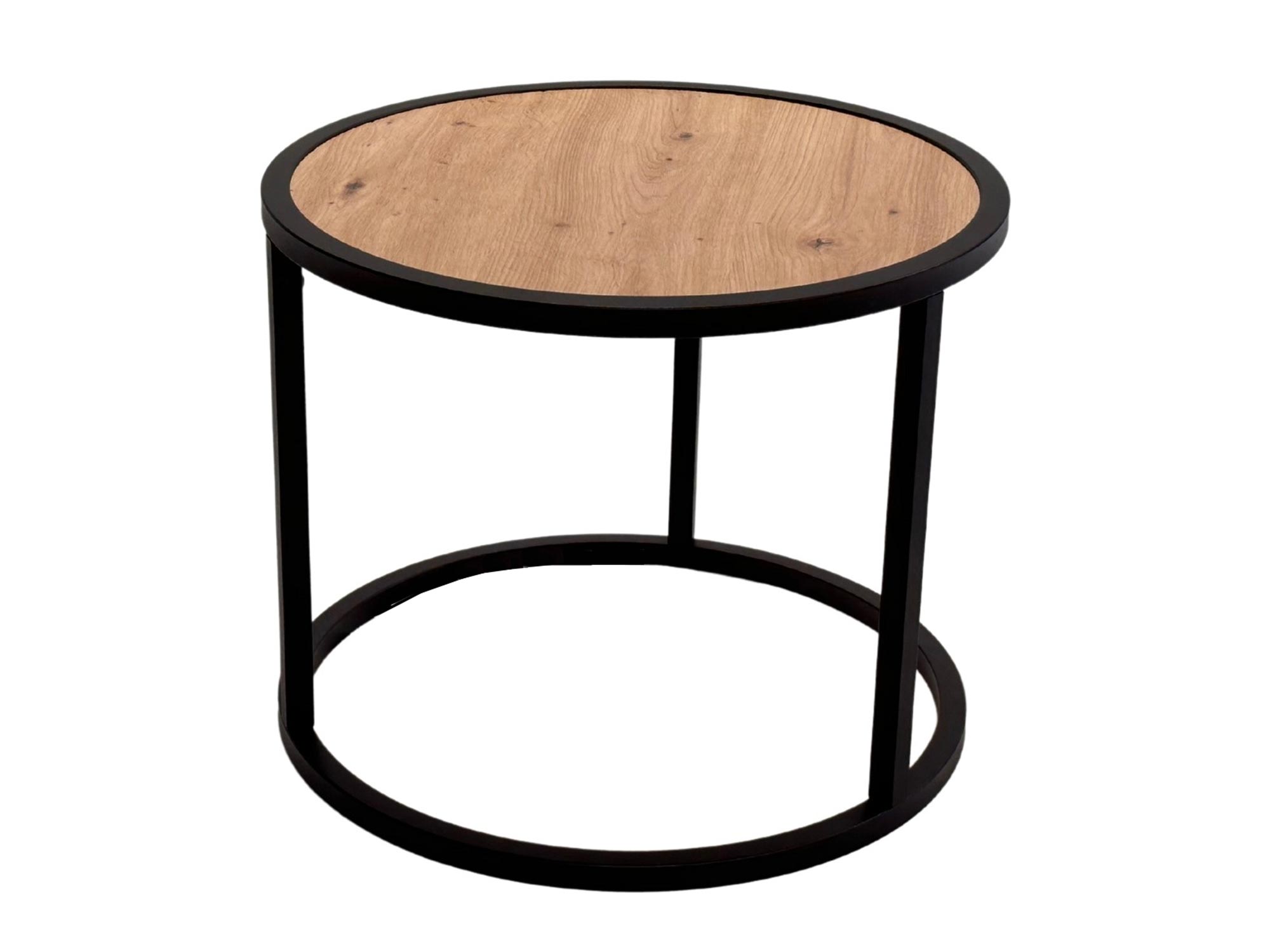 Okrągły stolik z grubym blatem i czarnym stelażem