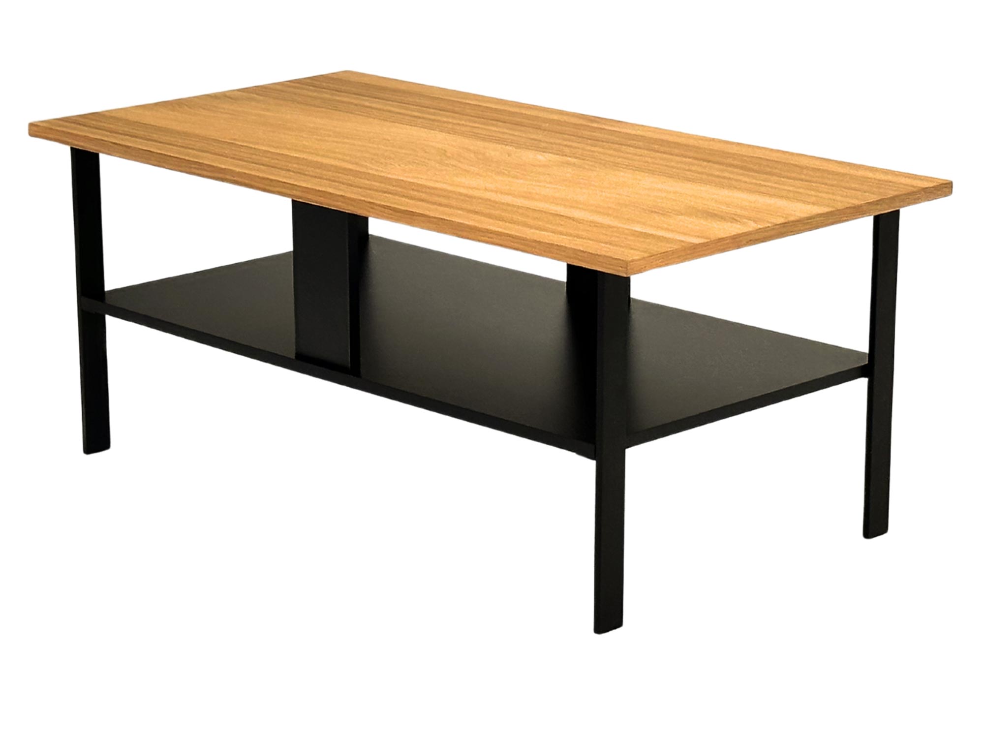 Drewniany stolik kawowy z szeroką dolną półką i czarnym stelażem