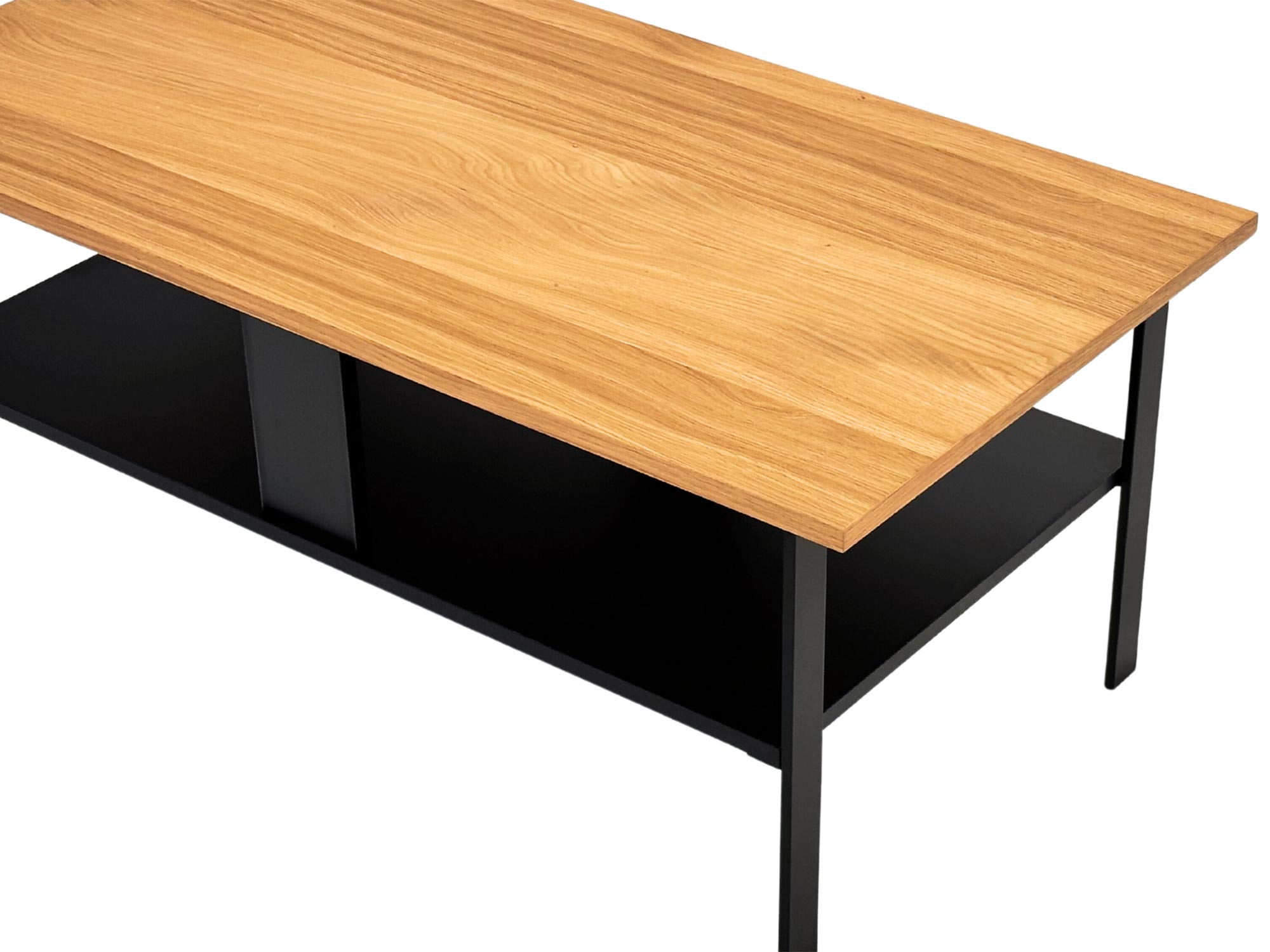 Widok z góry na prosty stolik z dębowym blatem