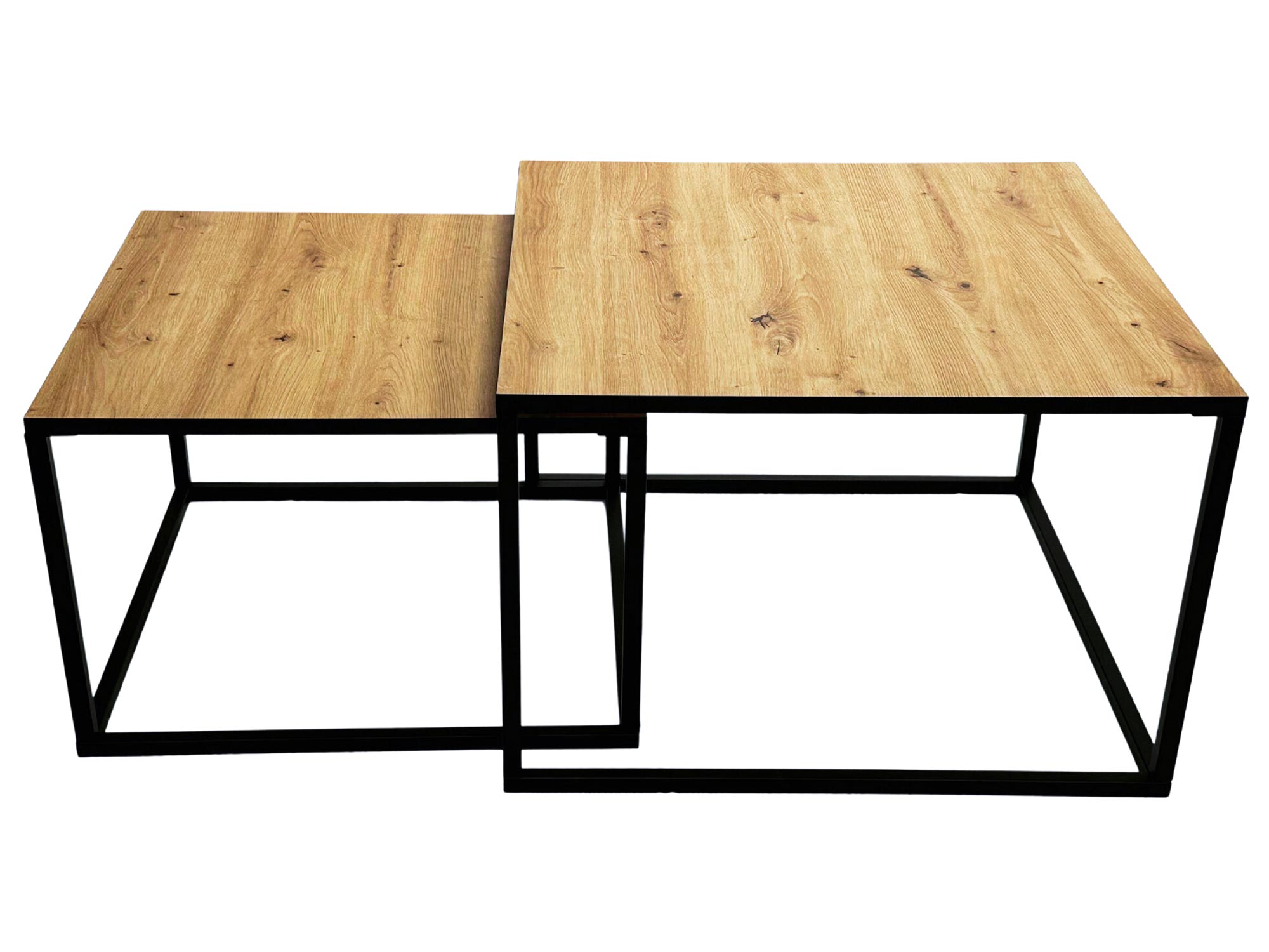 Stolik z czarnym stelażem i zbliżeniem na fakturę drewna