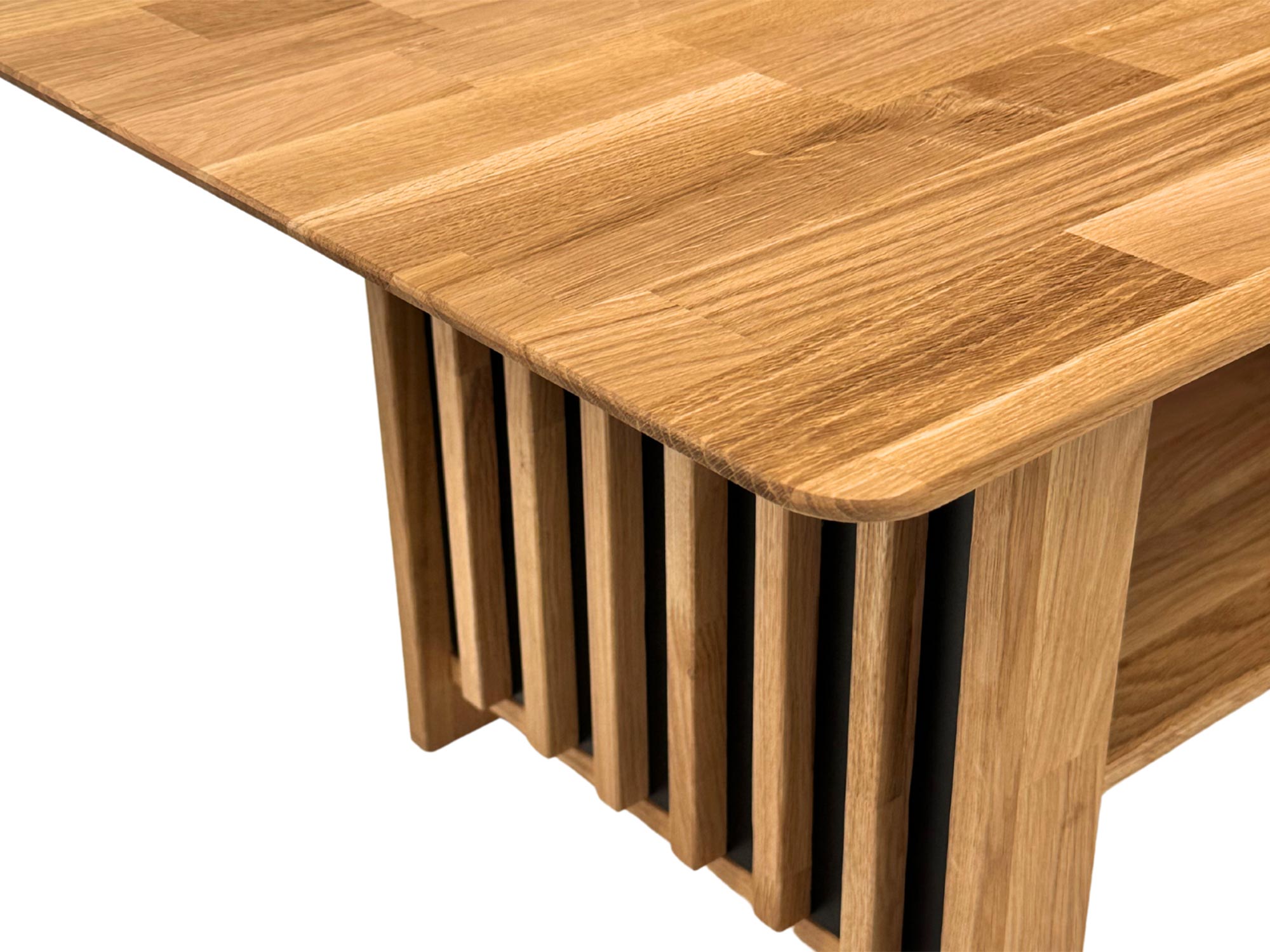 Szczegółowy widok dębowego blatu z pionowymi lamelami