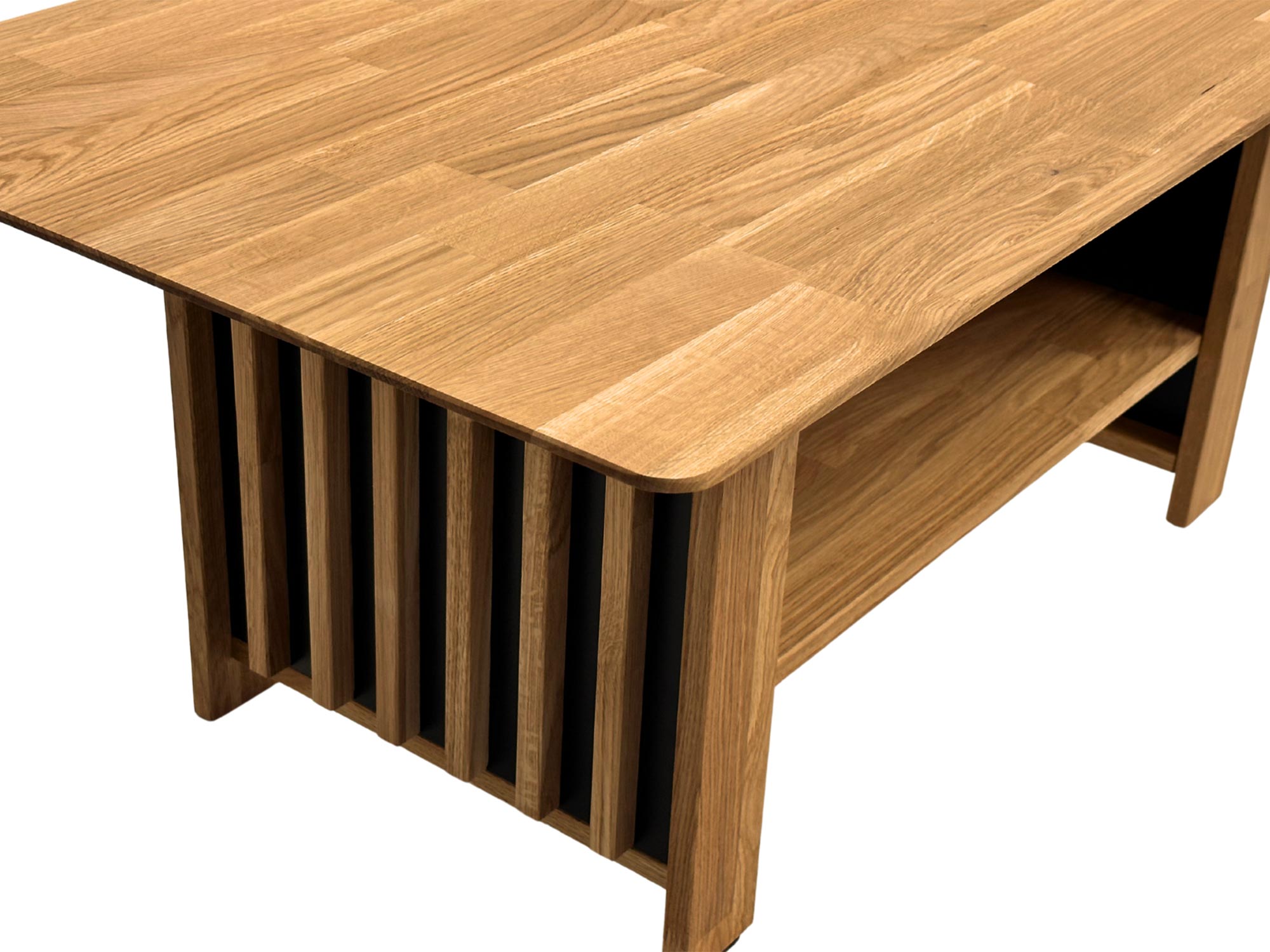 Blat dębowy stolika z zaokrąglonym rogiem i pionową strukturą