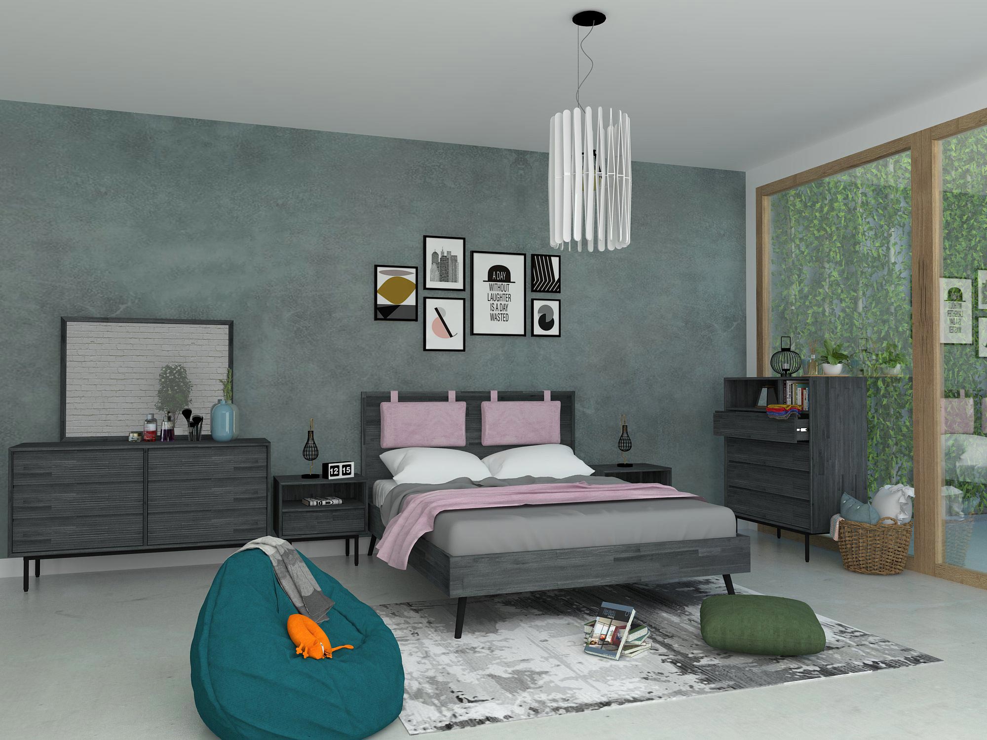 Stylowa sypialnia z industrialnym łóżkiem i różowym zagłówkiem