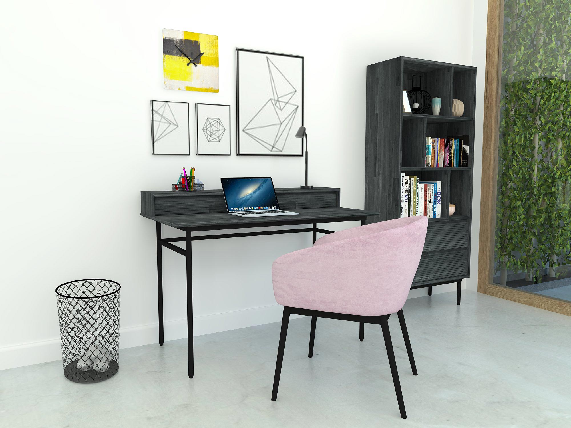 Detal nowoczesnego biurka z czarnym stelażem i drewnianym blatem