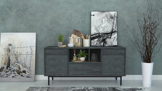 Miniaturka 4 - Ciemna szafka RTV z półkami i szufladą w stylu industrialnym