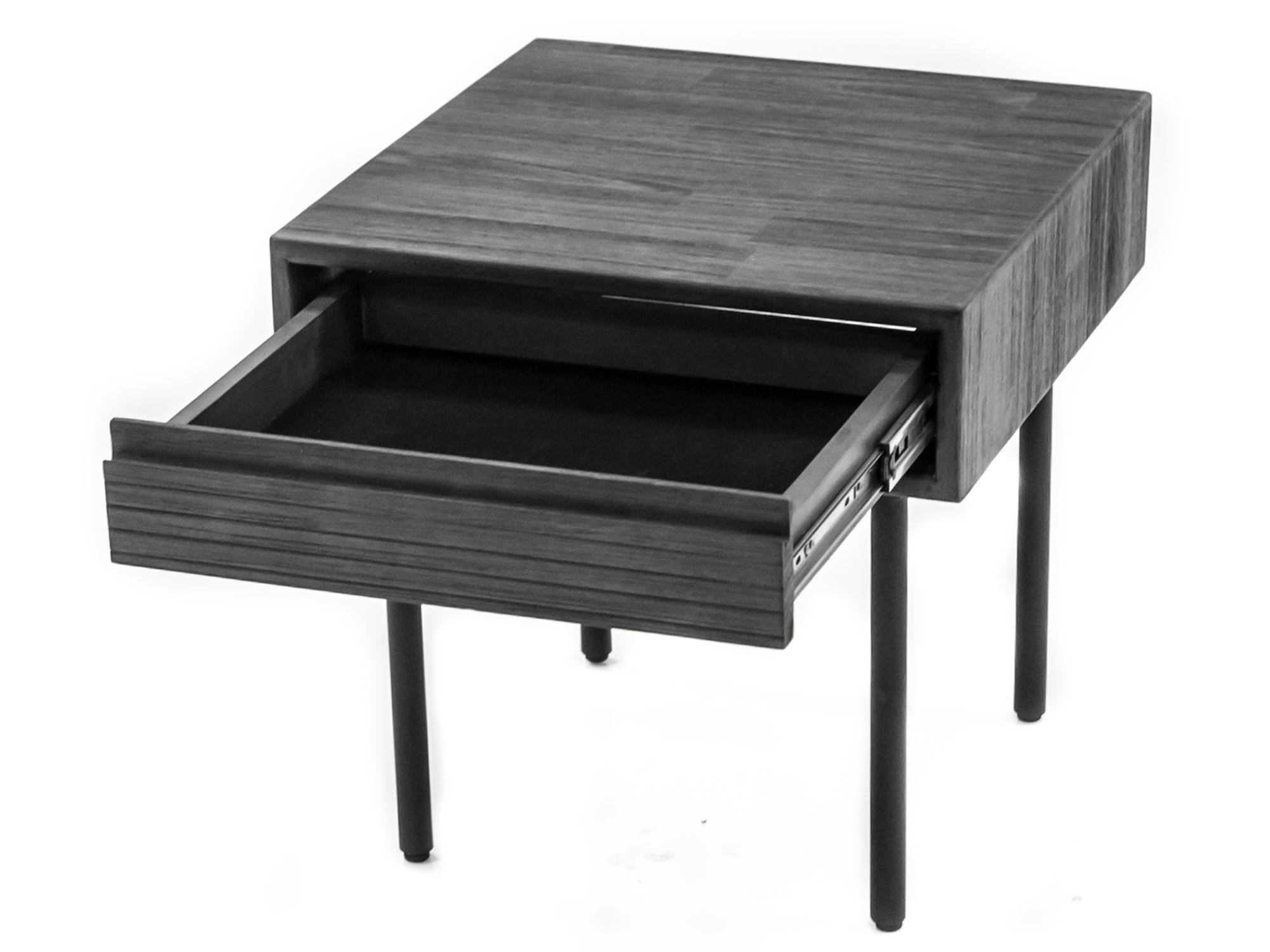 Szafka nocna z ciemnego drewna i szufladą w stylu industrialnym